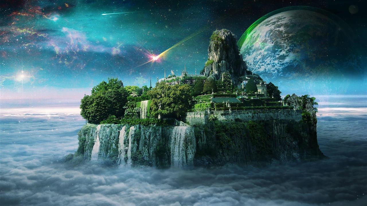 fantasy art, space art, waterfall, island, castle, city, sky, HD wallpaper