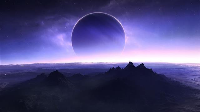 mountains and clouds, planet, solar eclipse, space art, digital art, HD wallpaper