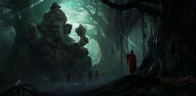 five people standing in front of Ganesha statue in forest digital wallpaper, HD wallpaper