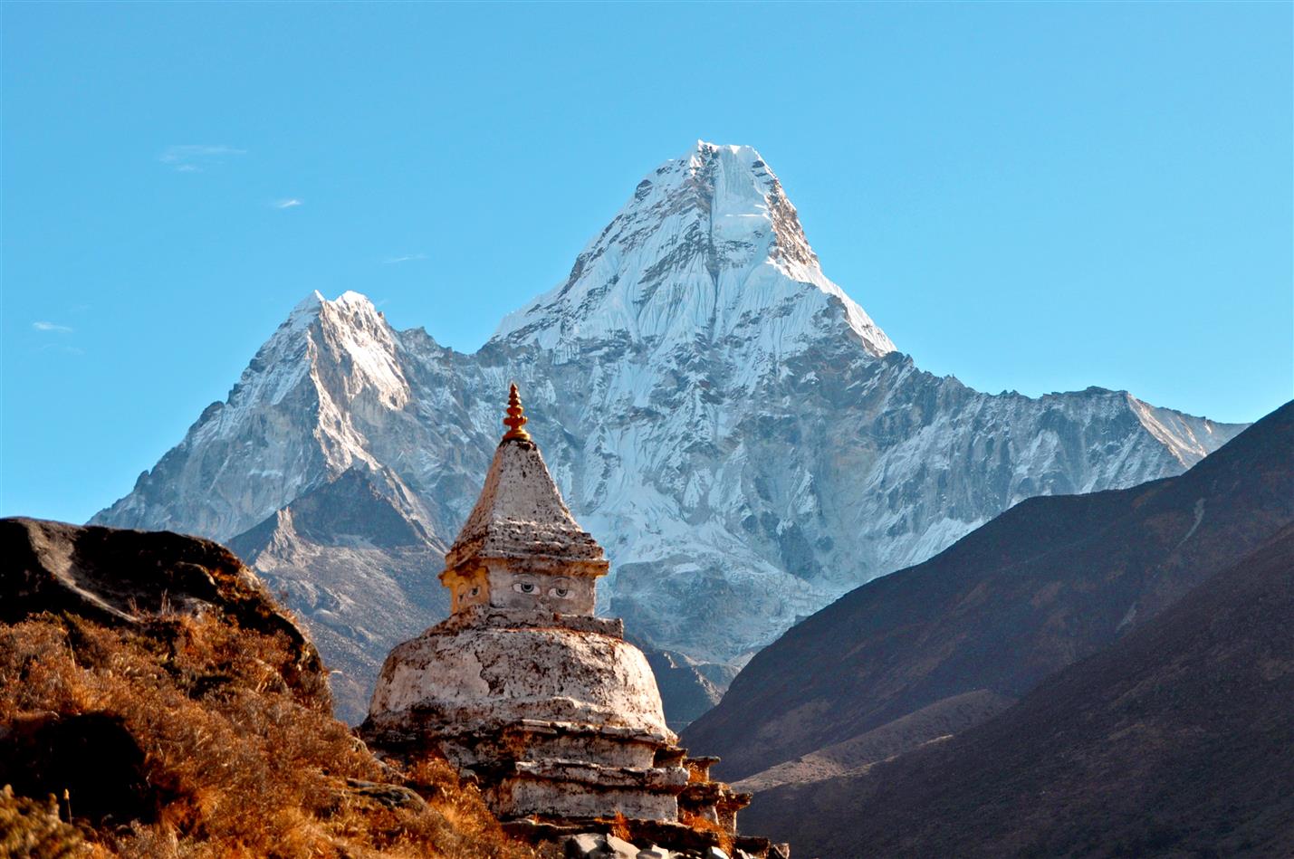 snow covered mountain, himalayas, ama dablam, temple, buddhism, HD wallpaper