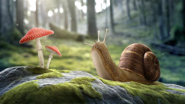 brown snail and red mushroom, snail and mushroom illustration, HD wallpaper