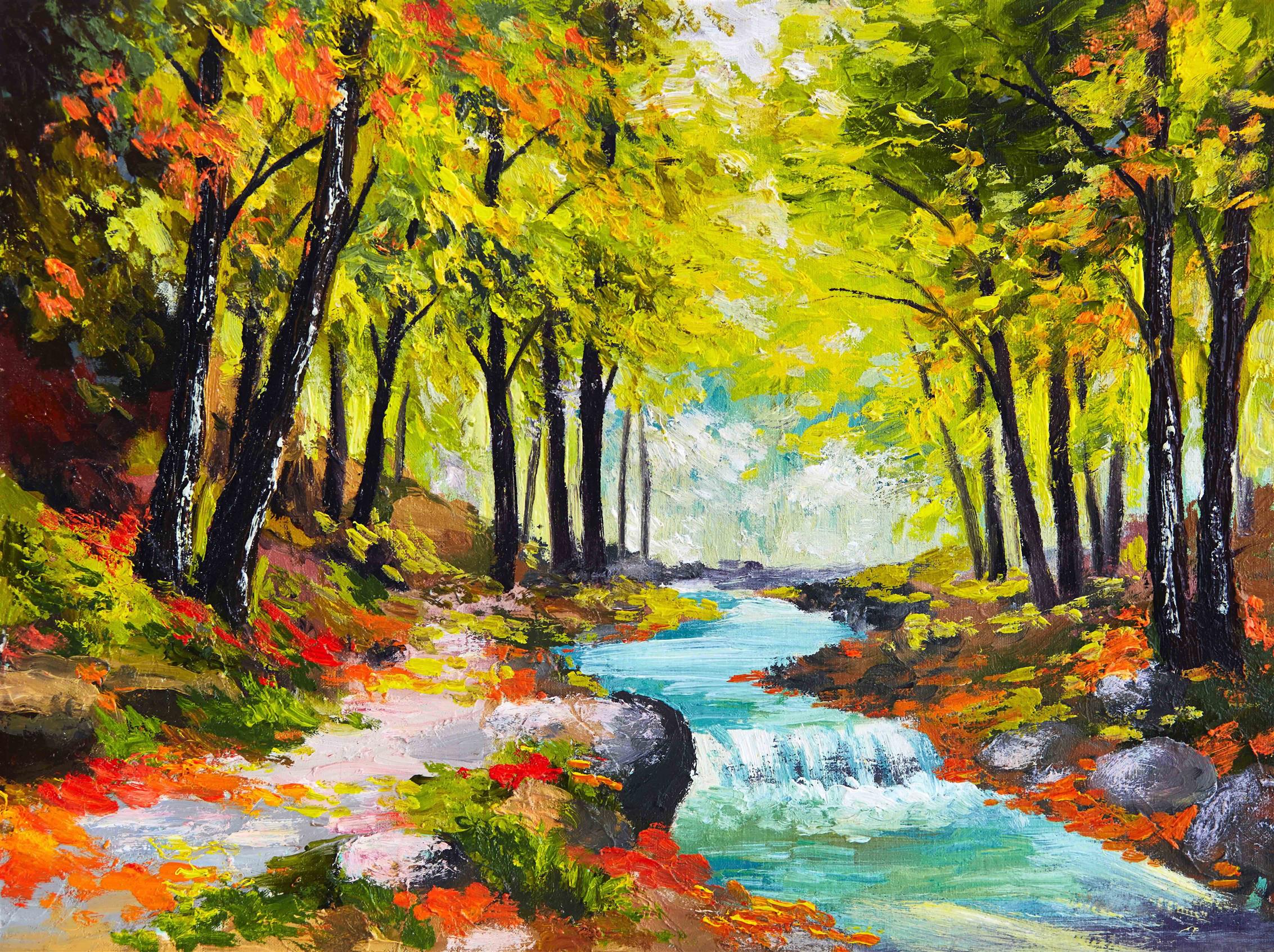 body of water between high trees painting, forest, river, seasons, HD wallpaper