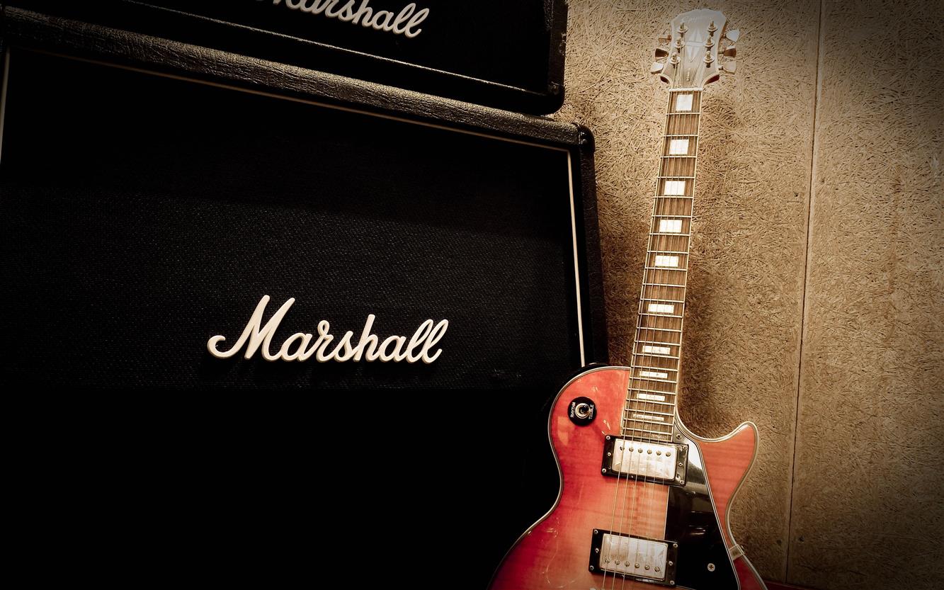 black Marshall guitar amplifier and red electric guitar, musical instrument, HD wallpaper