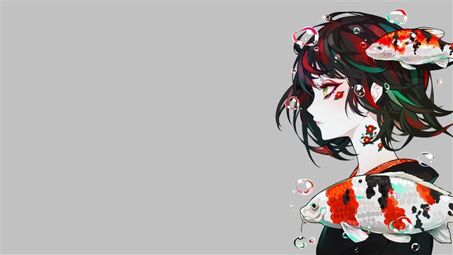 anime, manga, anime girls, fish, gray, gray background, simple background, HD wallpaper