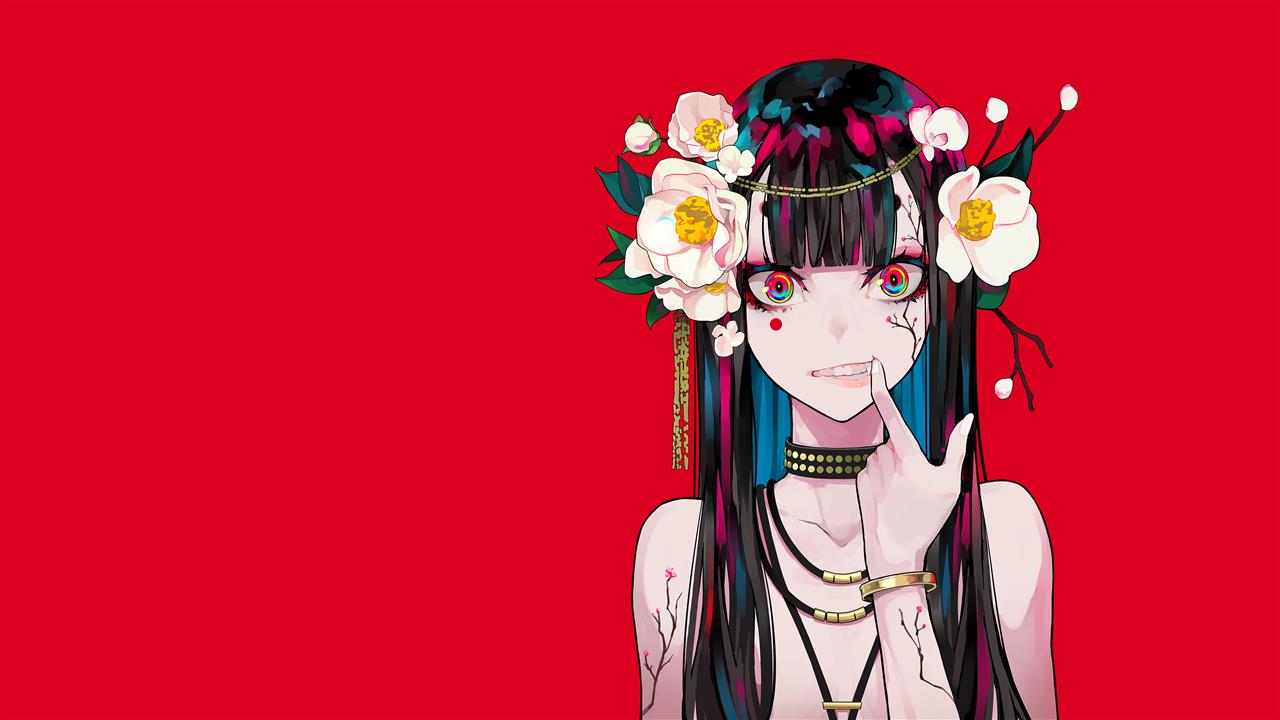 artwork, minimalism, anime girls, flower in hair, red background, HD wallpaper