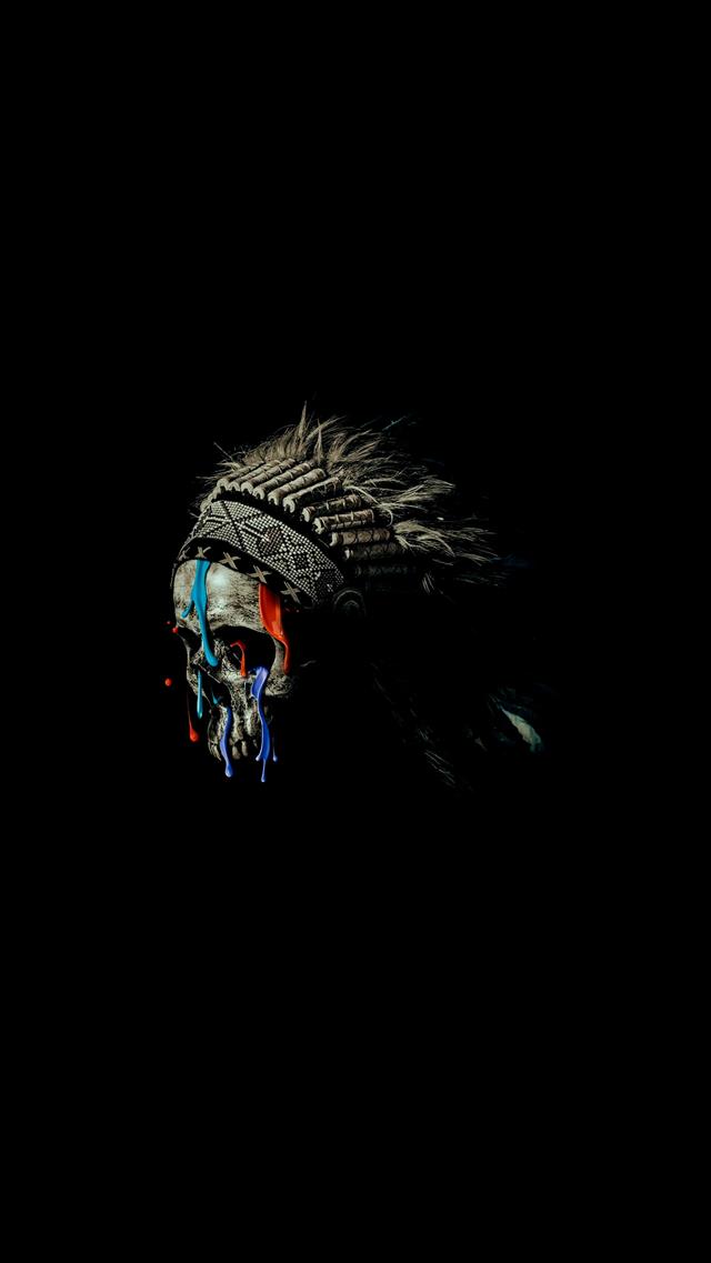 white and multicolored skull with war bonnet illustration, black background, HD wallpaper