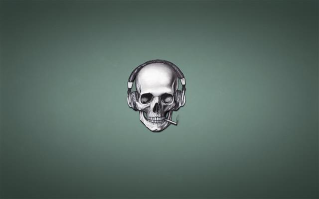 gray skull illustration, smoke, headphones, cigarette, skeleton, HD wallpaper