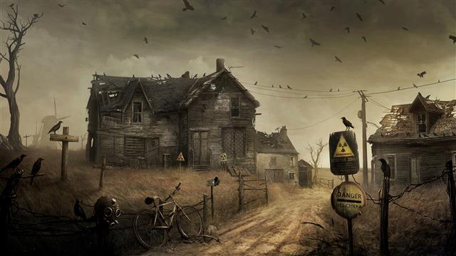 apocalypse, apocalyptic, bicycle, birds, creepy, crows, dark, HD wallpaper