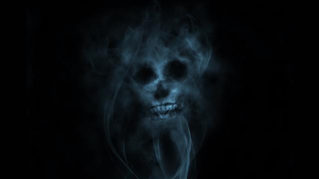 ghost skull wallpaper, smoke, cyan, black background, human body part, HD wallpaper