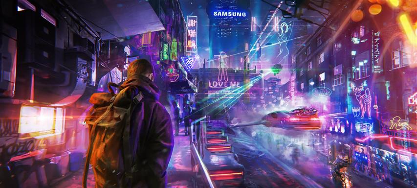 men, jacket, backpacks, futuristic, futuristic city, cyberpunk, HD wallpaper