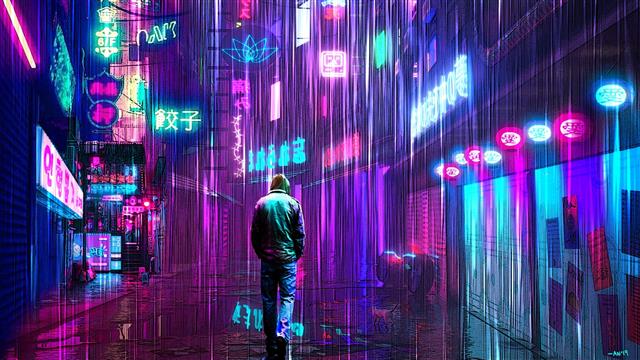 artwork, neon, neon glow, cats, street, rain, science fiction, HD wallpaper
