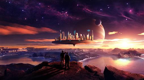 floating city illustration, planet, science fiction, space art, HD wallpaper