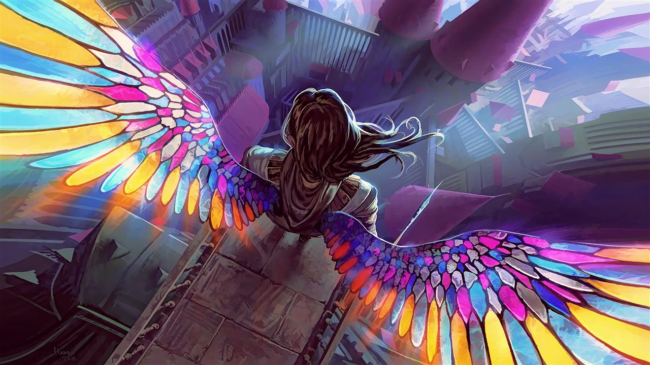 girl with multicolored wing illustration, fantasy art, artwork, HD wallpaper