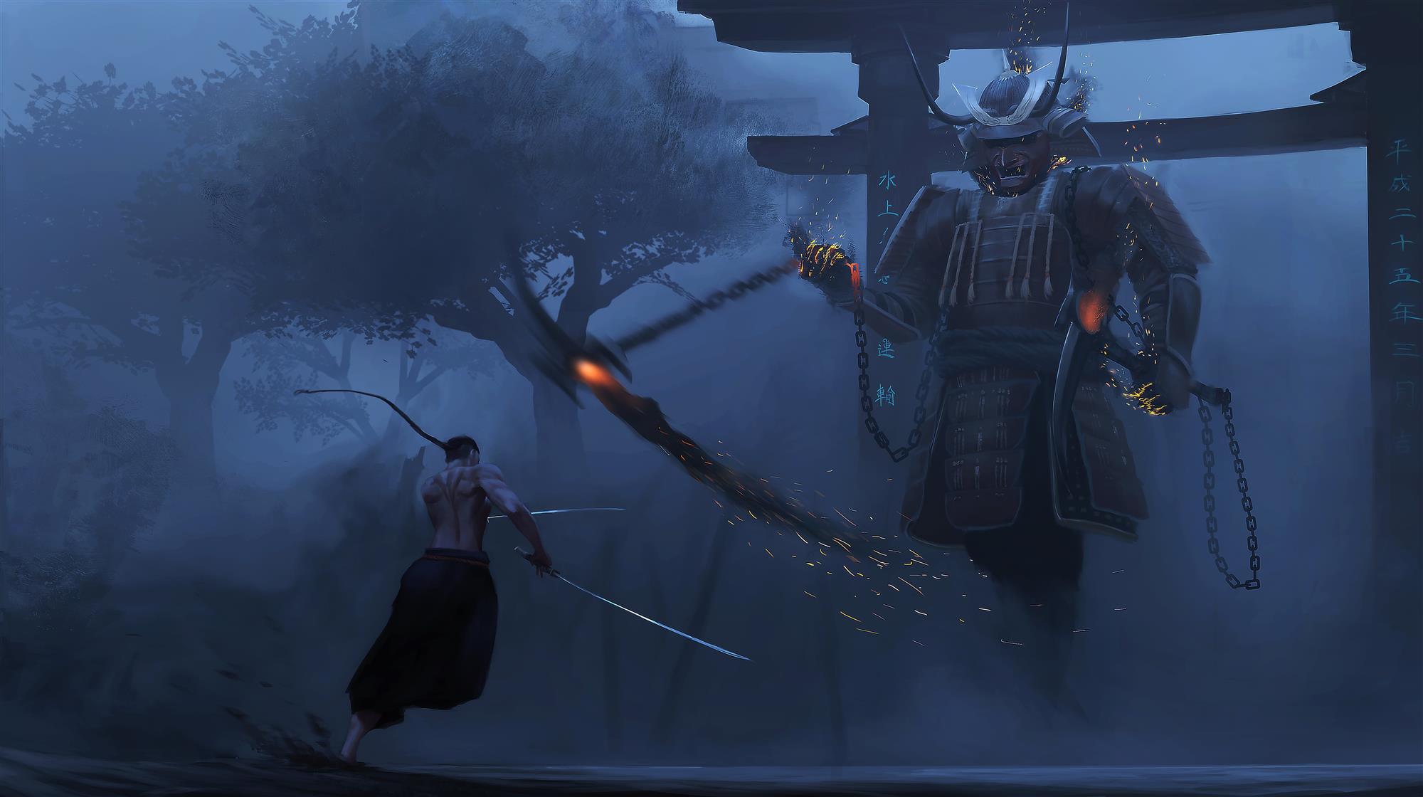 samurai, armor, katana, men, warrior, environment, Clash, artwork, HD wallpaper