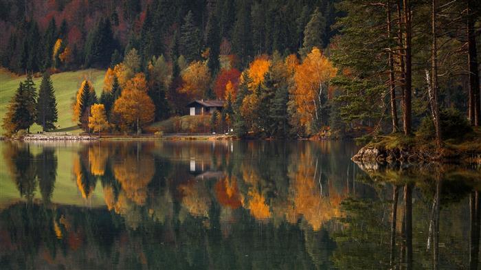 brown wooden cabin in near lake in reflective shot, landscape, HD wallpaper