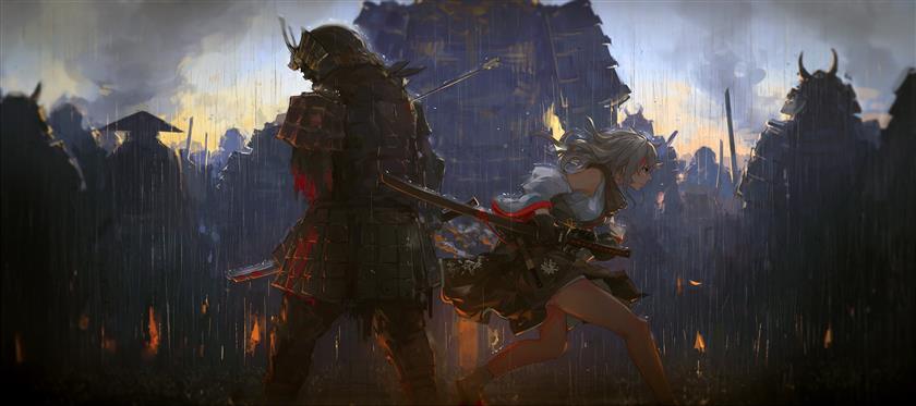 girl, blood, fantasy, rain, armor, katana, weapons, digital art, HD wallpaper