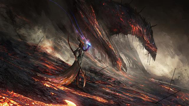 mage holding staff near monster digital wallpaper, dragon, lava, HD wallpaper