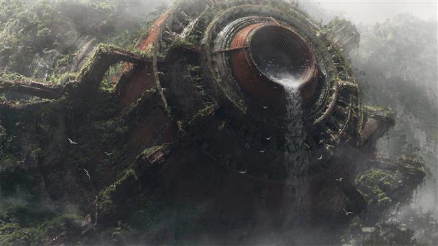 brown and grey metal container, science fiction, waterfall, artwork, HD wallpaper