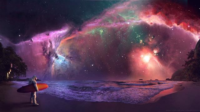 orange surfboard, space, astronaut, surfers, abstract, surfing, HD wallpaper