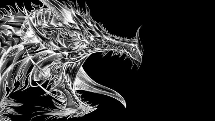black dragon illustration, monochrome, fantasy art, artwork, black background, HD wallpaper
