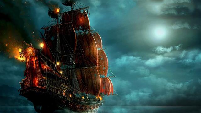 black and red pirate ship illustration, pirates, night, sailing ship, HD wallpaper