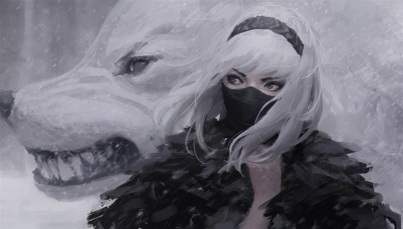 women, fantasy girl, wolf, white, white hair, headband, windy, HD wallpaper