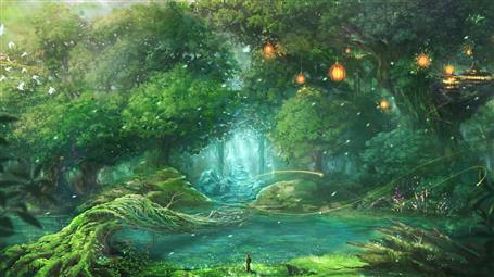 forest garden painting, fantasy art, plant, water, tree, green color, HD wallpaper