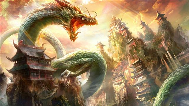green dragon illustration, digital art, fantasy art, nature, Chinese architecture, HD wallpaper