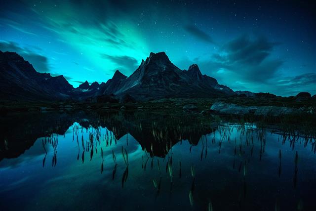 mountain beside body of water, landscape, lake, aurora borealis, HD wallpaper