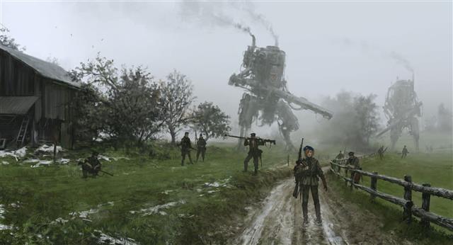 illustration, landscape, robot, soldier, science fiction, Jakub Rózalski, HD wallpaper