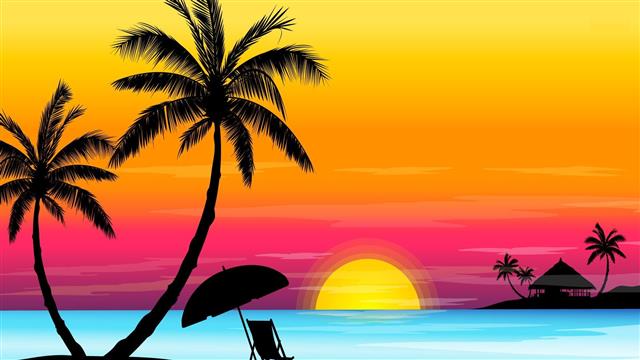 painting of lounge chair and trees, drawing, digital art, tropical, HD wallpaper