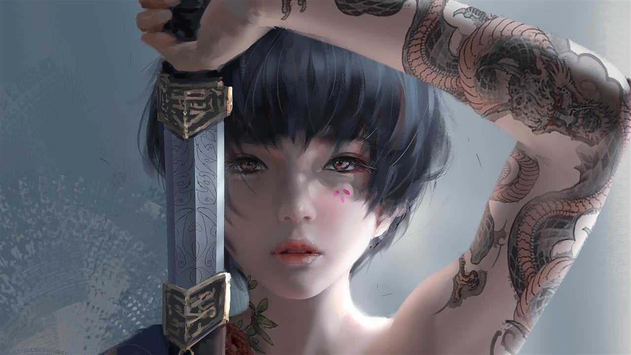 girl, sword, fantasy, katana, tattoo, asian, digital art, artwork, HD wallpaper