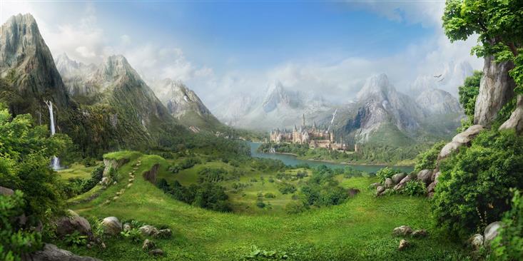 fantasy landscape, castle, forest, waterfall, mountains, sky, HD wallpaper