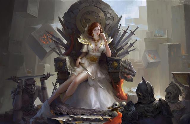 woman wearing white dress wallpaper, throne, sword, women, redhead, HD wallpaper