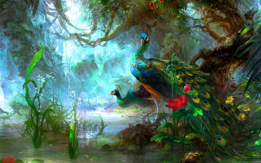 two green-yellow-and-blue peacock on swamp artwork painting, peacocks, HD wallpaper
