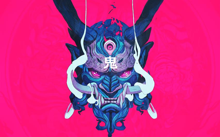 oni mask, illustration, Japan, Chun Lo, demon, samurai, ChunLo, HD wallpaper