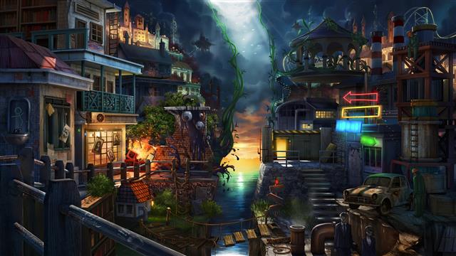 body of water in between of houses painting, fantasy art, environment, HD wallpaper