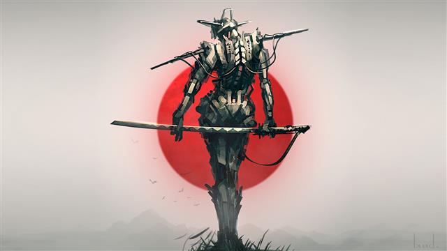 Japan, sword, fantasy, robot, weapon, katana, birds, sun, digital art, HD wallpaper