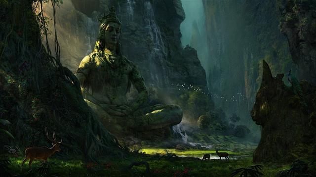 Deer, Earth, lake, landscape, mountain, nature, Shiva, Statue, HD wallpaper