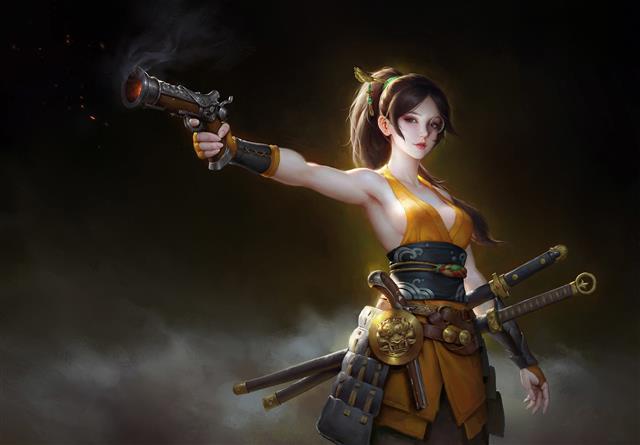 girl, gun, fantasy, Warrior, background, weapons, digital art, HD wallpaper