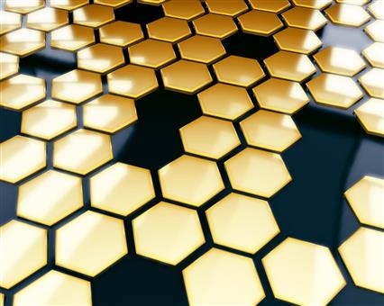 gold and black tiles wallpaper, hexagon, pattern, render, geometric shape, HD wallpaper