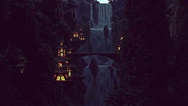 mountains, 8-bit, pixels, Chinese architecture, forest, nature, HD wallpaper