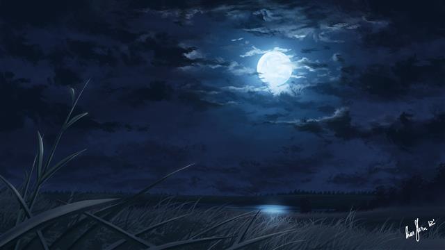 full moon painting, night, moonlight, lake, reeds, landscape, HD wallpaper