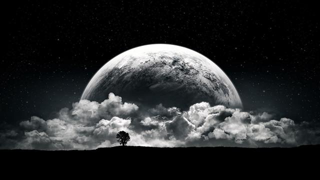 planet, Moon, clouds, stars, night, black, white, space, monochrome, HD wallpaper