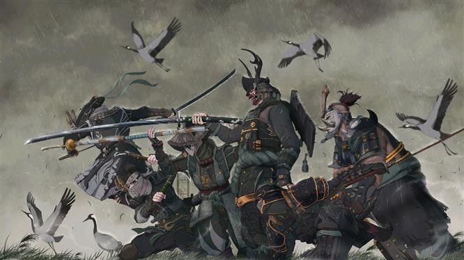 fantasy, rain, armor, katana, birds, weapons, digital art, artwork, HD wallpaper