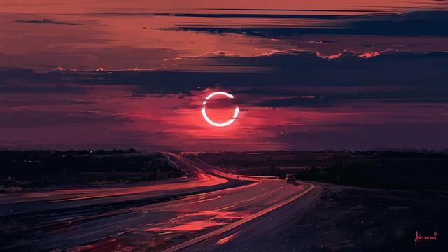 moon, sunset, Aenami, digital art, eclipse, landscape, road, painting, HD wallpaper