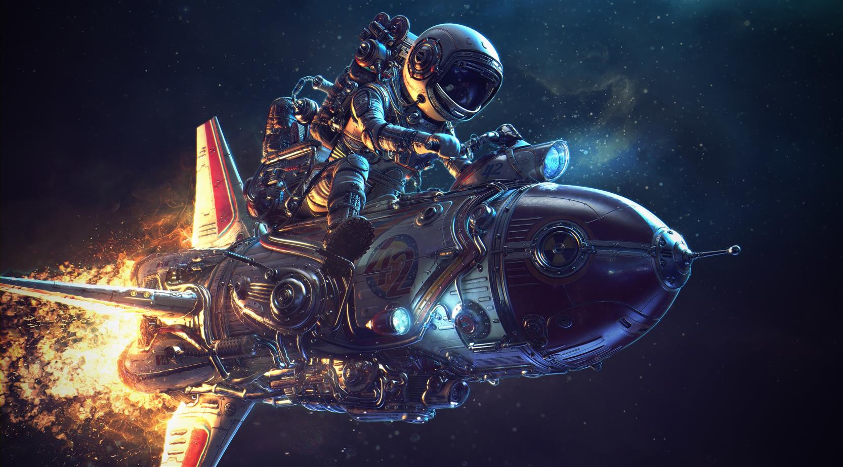 spaceship illustration, astronaut riding on spacecraft on space, HD wallpaper
