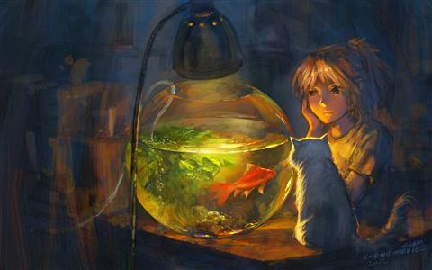 Drawing Goldfish Cat Fish Tank HD, painting of girl staring at fish bowl beside cat on wooden table, HD wallpaper