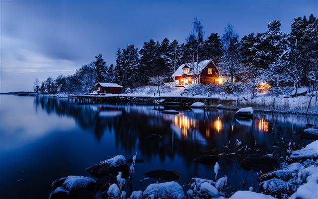 Stockholm, Sweden, winter landscape of snow, houses, lake, woods, blue style, HD wallpaper