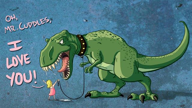 Artwork, Humor, Dinosaurs, T-Rex, oh mr. cuddles i love you girl and her pet t-rex digital artwork, HD wallpaper